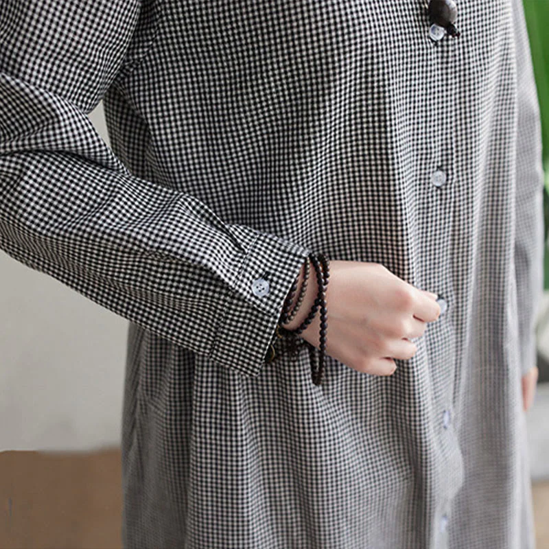 Buddha Stones Small Grid Pattern Cotton Linen Women's Midi Dress With Pockets