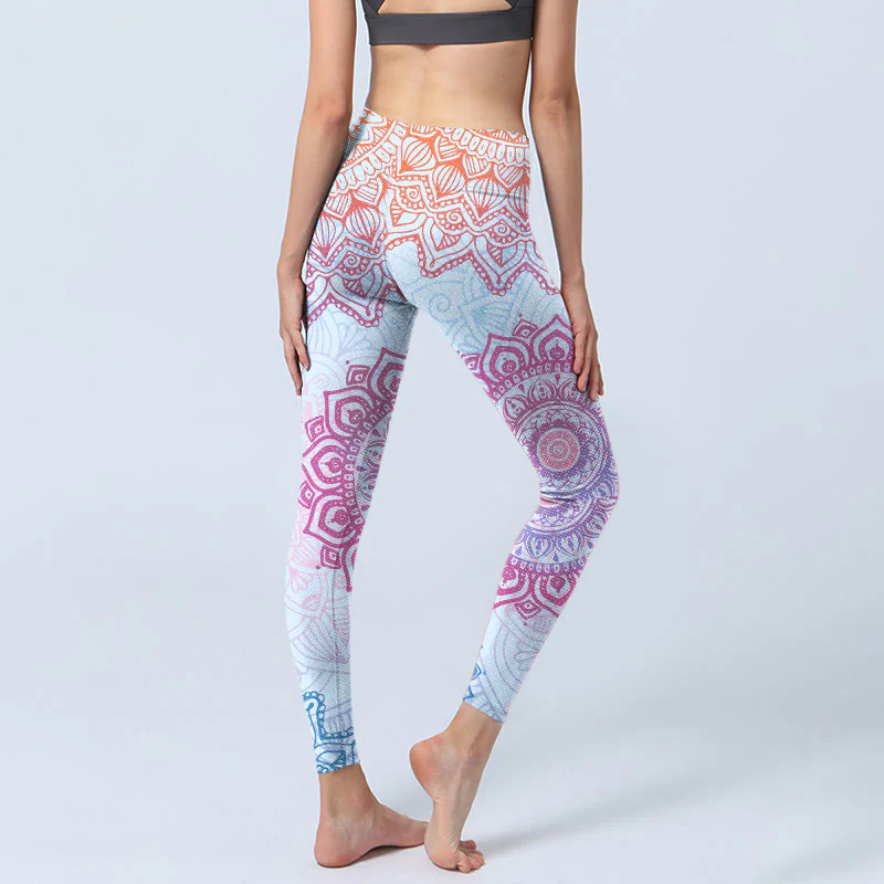 Buddha Stones Pink Blue Mandala Flower Print Gym Leggings Women's Yoga Pants