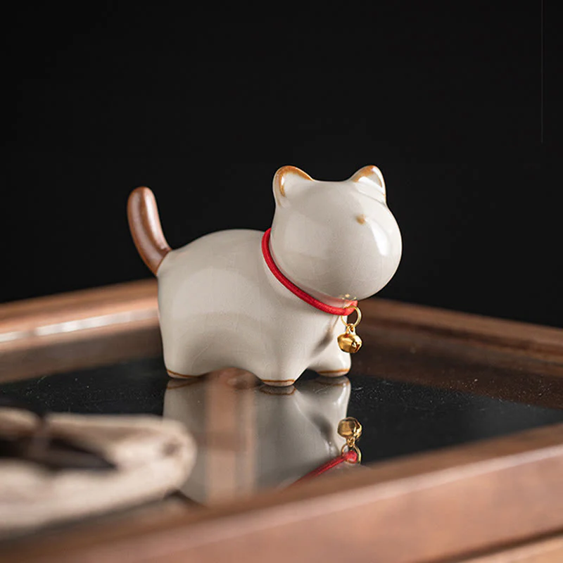 Buddha Stones Mini Lucky Cute Standing Cat Red Rope Bell Ceramic Figurine Decoration