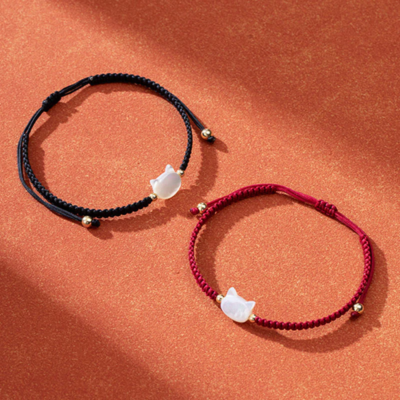 Buddha Stones Faceless Cat Head Red String Shell Connection Bracelet