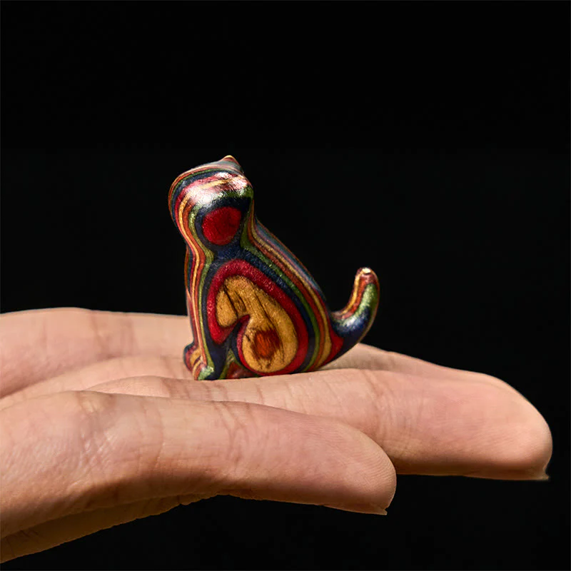 Buddha Stones 2Pcs Mini Rainbow Eucalyptus Sitting Cat Carved Reduce Stress Decoration