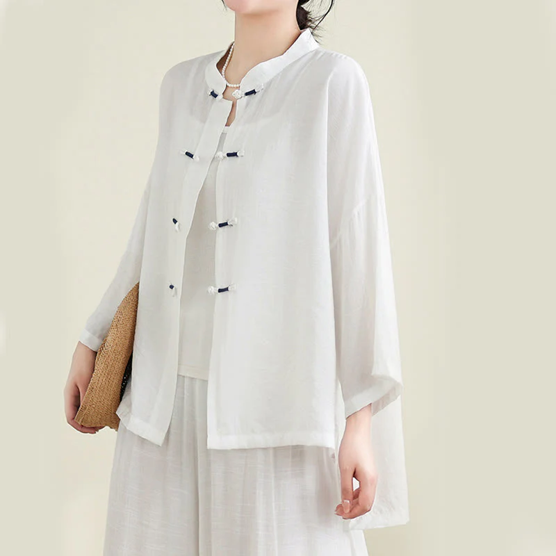 Buddha Stones 2pcs Casual Women's Frog Button Shirt Loose Pants Meditation Clothing Set