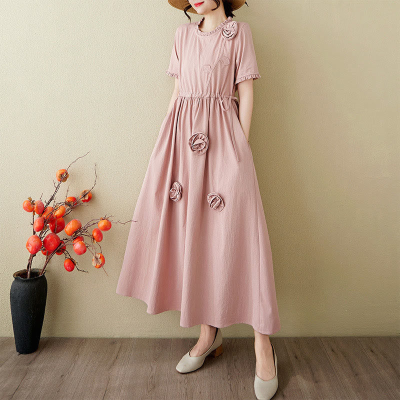 Buddha Stones Three-Dimensional Flower Design Ruffled Neck Cotton Linen Midi Dress With Pockets
