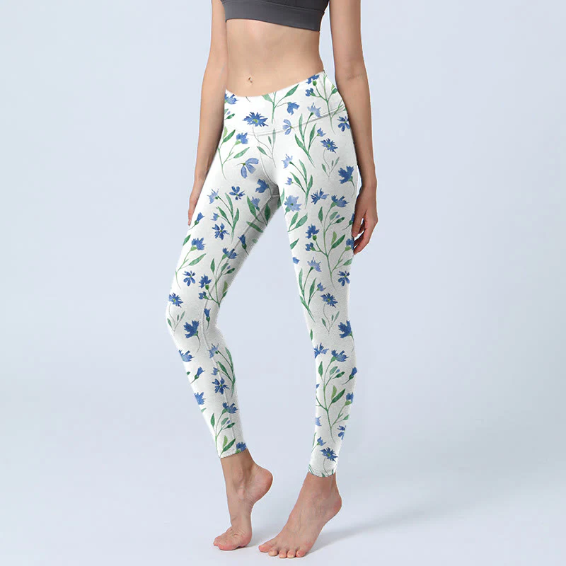 Buddha Stones White Flowers Leaf Pattern Print Gym Leggings Women's Yoga Pants