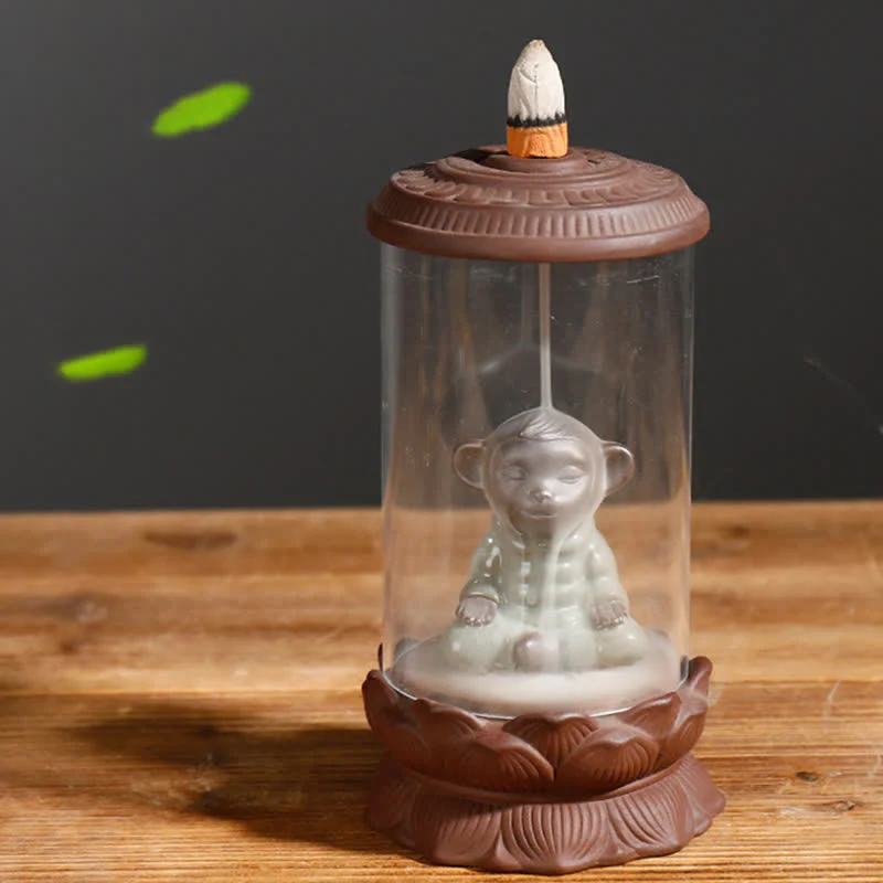 Buddha Stones Meditation Wukong Monkey King Purple Clay Windshield Lotus Backflow Smoke Fountain Incense Burner Decoration