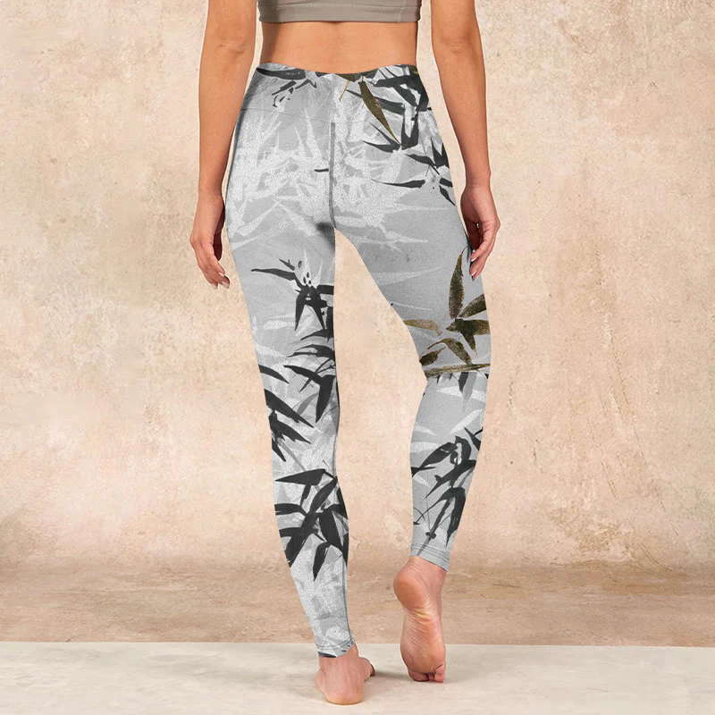 Buddha Stones Dark Gray Bamboo Leaves Print Gym Leggings Women's Yoga Pants