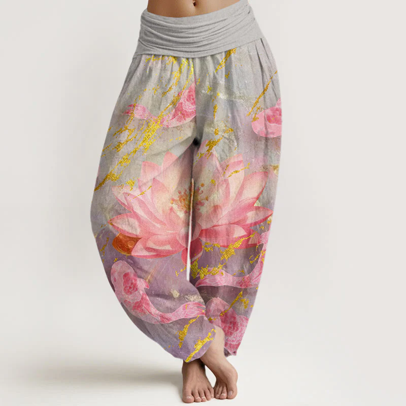 Buddha Stones Casual Lotus Flower Koi Fish Pattern Women's Harem Pants