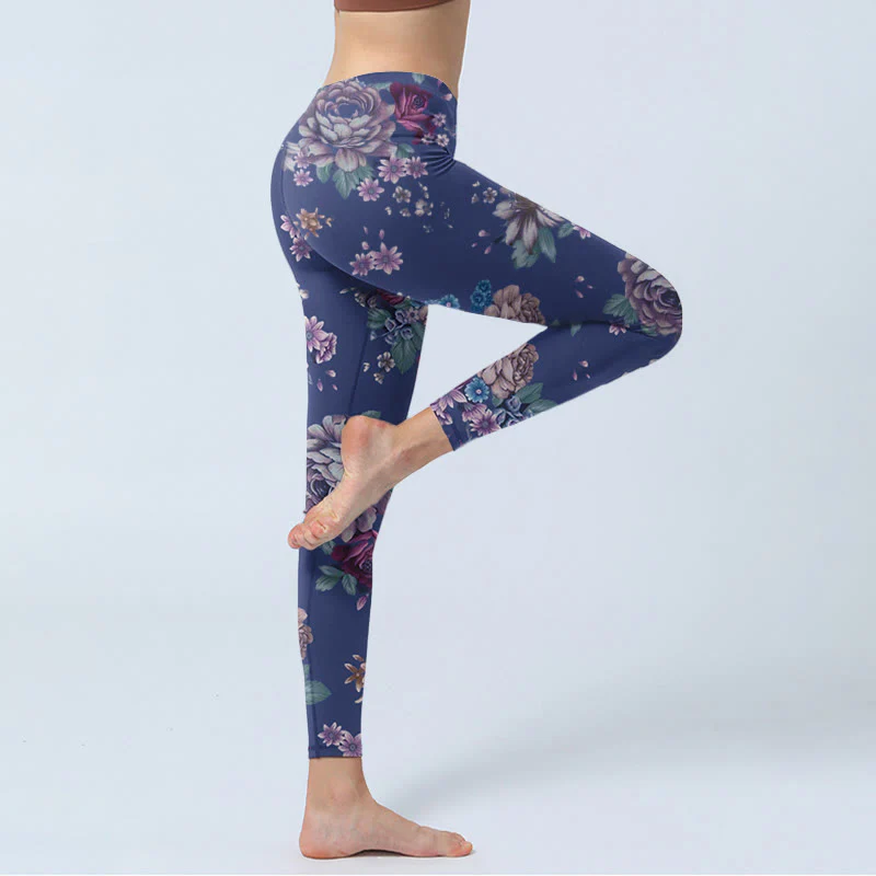 Buddha Stones Red Rose Peony Chrysanthemum Print Gym Leggings Women's Yoga Pants