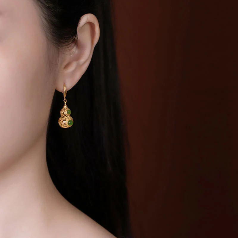 Buddha Stones Copper Hollow Gourd Jade Prosperity Earrings