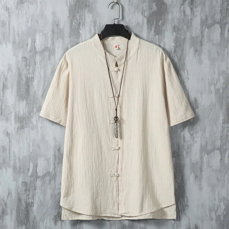 Buddha Stones Daily Casual Plain Chinese Frog-Button Men's Short Sleeve Cotton Linen Shirt