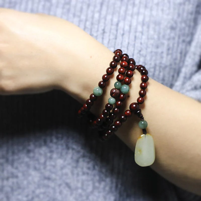Buddha Stones Tibetan Small Leaf Red Sandalwood Jade Mala Meditation Bracelet