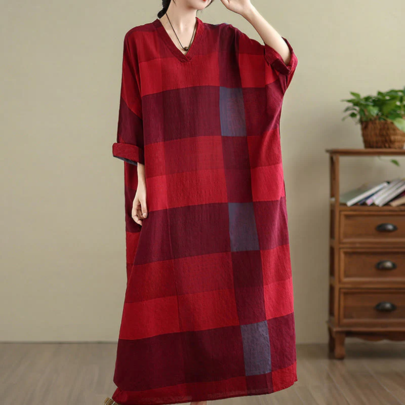 Buddha Stones Spliced Plaid Pattern Cotton Linen Women's Maxi Dress With Pockets