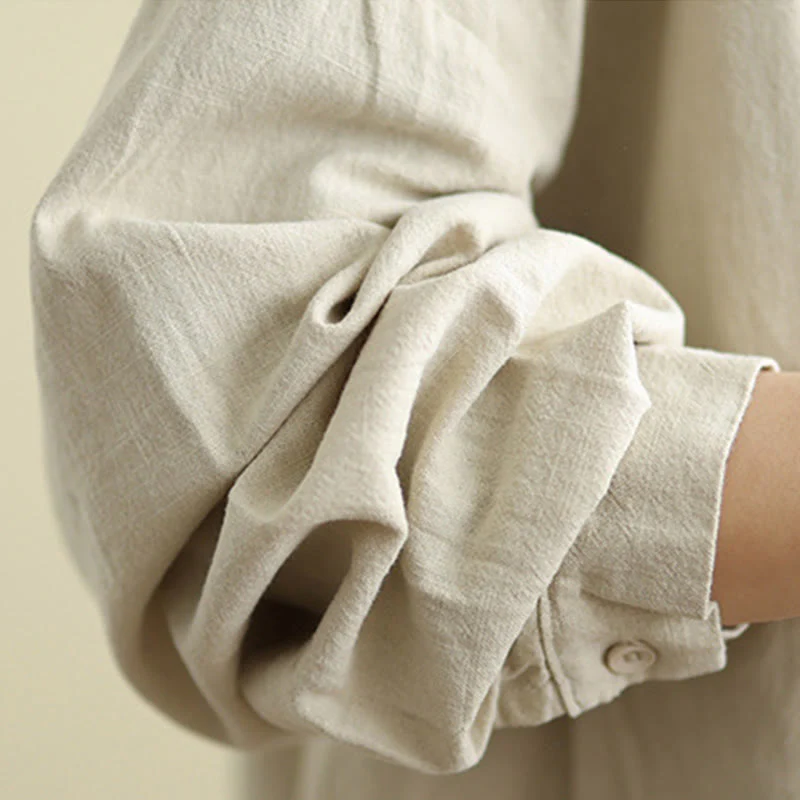 Buddha Stones Plain Design Long Sleeve Women's Cotton Linen Jacket With Pockets