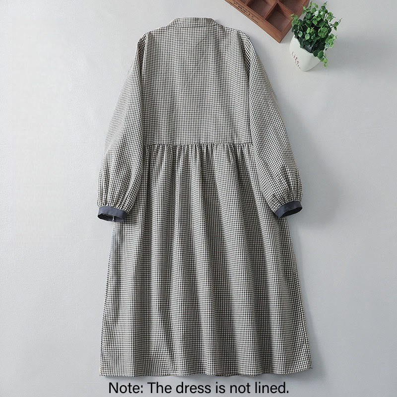 Buddha Stones Casual Plaid Pattern Long Lantern Sleeve Cotton Linen Midi Dress With Pockets