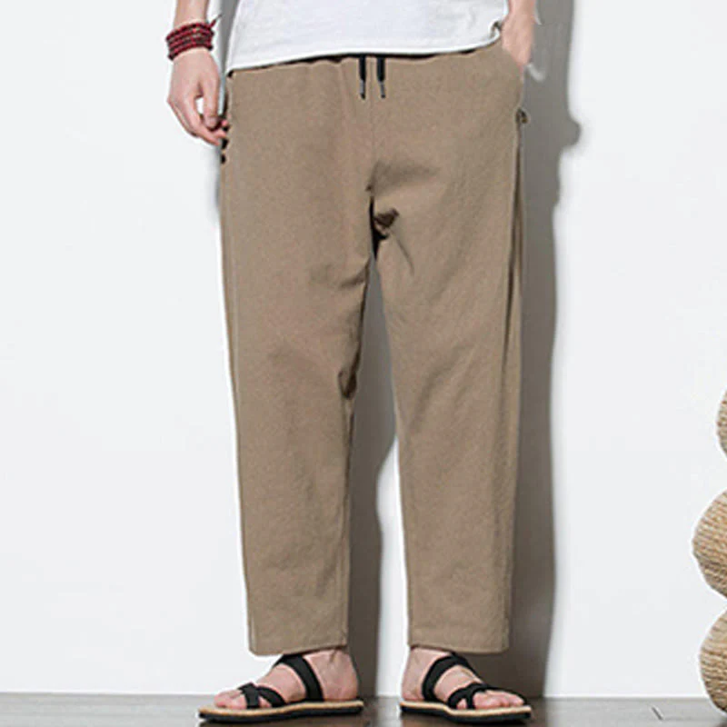 Buddha Stones Summer Side Frog-Button Design Men's Cotton Linen Pants With Pockets