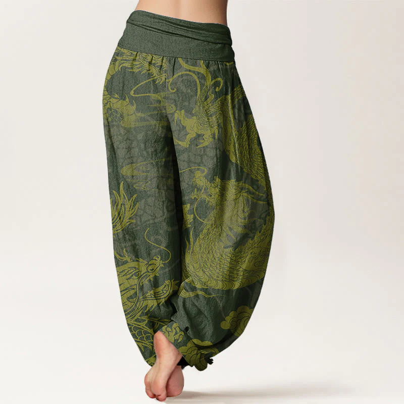 Buddha Stones Pure Cotton Dragon Auspicious Clouds Women's Elastic Waist Harem Pants