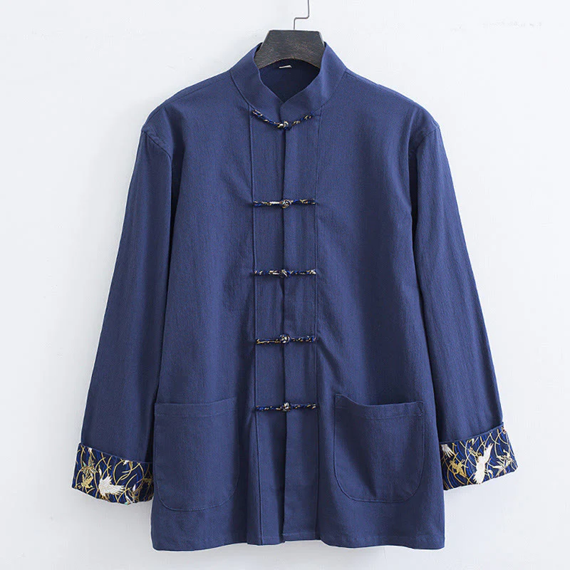 Buddha Stones Men's Frog-Button Tang Suit Cotton White Crane Embroidery Jacket Shirt With Pockets