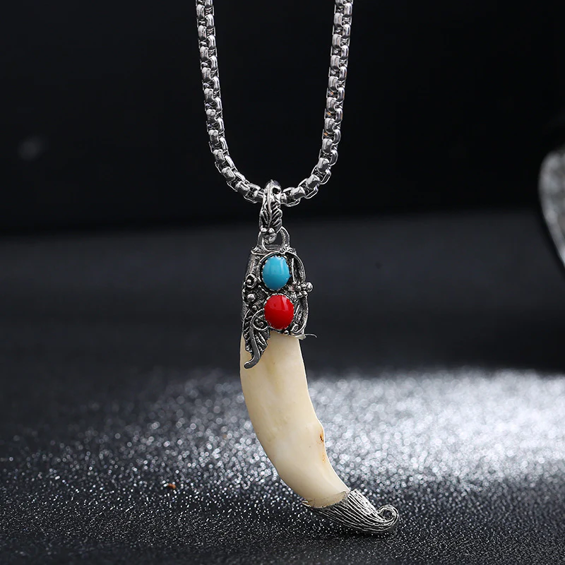 Buddha Stones Imitation Wolf Tooth Titanium Steel Balance Necklace Pendant