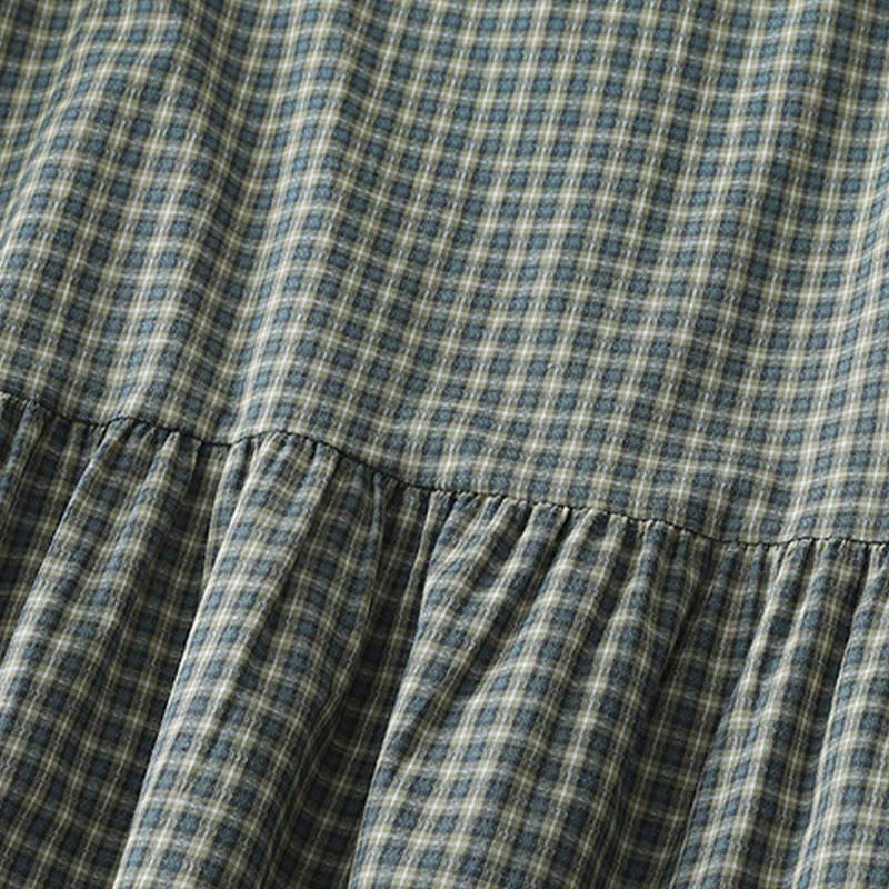 Buddha Stones Casual Plaid Buttons Lantern Long Sleeve Cotton Midi Dress