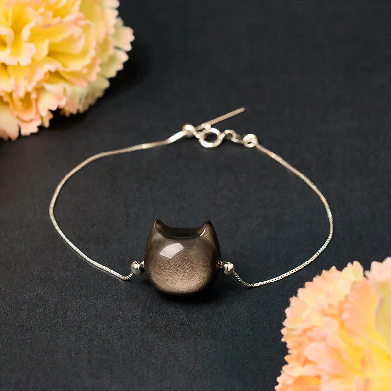 Buddha Stones 925 Sterling Silver Silver Sheen Obsidian Gold Sheen Obsidian Cat Soothing Bracelet