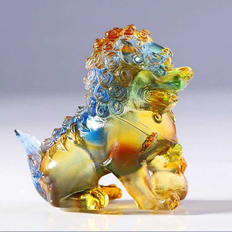 Buddha Stones Handmade Liuli Crystal Lion Art Piece Strength Home Office Decoration