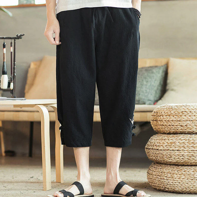 Buddha Stones Crane Embroidery Cotton Men's Cropped Harem Pants With Pockets