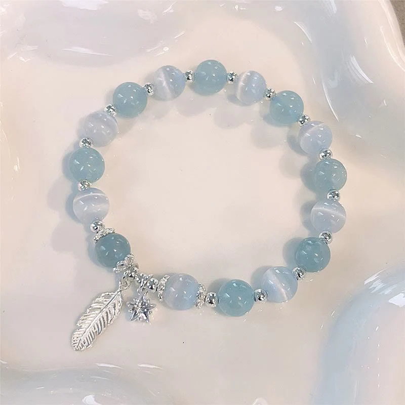 Buddha Stones 925 Sterling Silver Aquamarine Cat's Eye Healing Feather Star Charm Bracelet