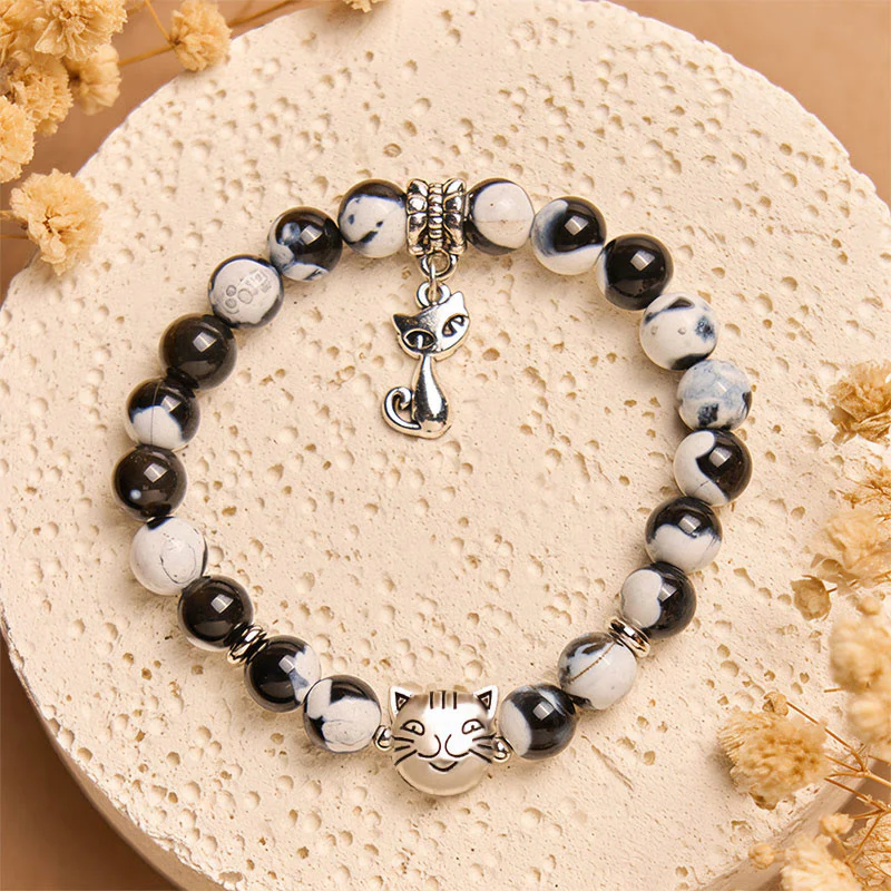 Buddha Stones Black and White Cat Fire Agate Bead Love Bracelet