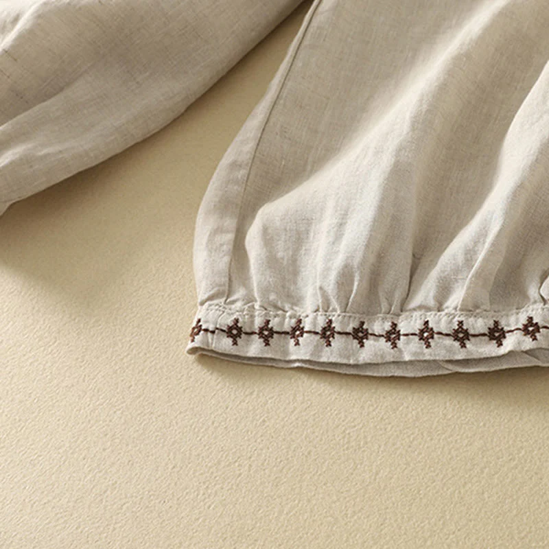 Buddha Stones Casual Retro Drawstring Embroidery Design Women's Cotton Linen 7-8 Length Pants With Pockets