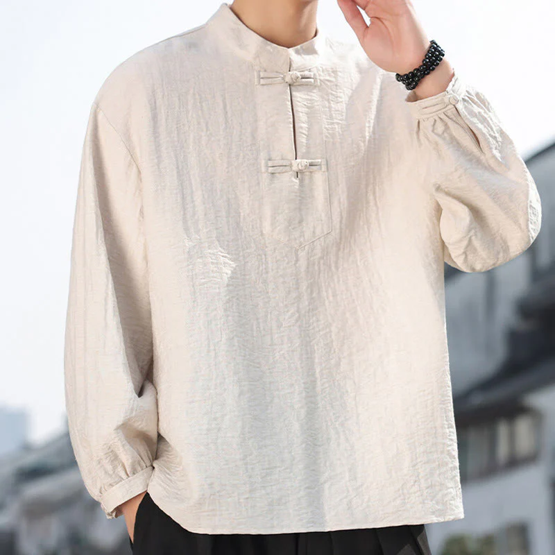 Buddha Stones Two Frog-Button Stand Collar Long Sleeve Men's Cotton Shirt