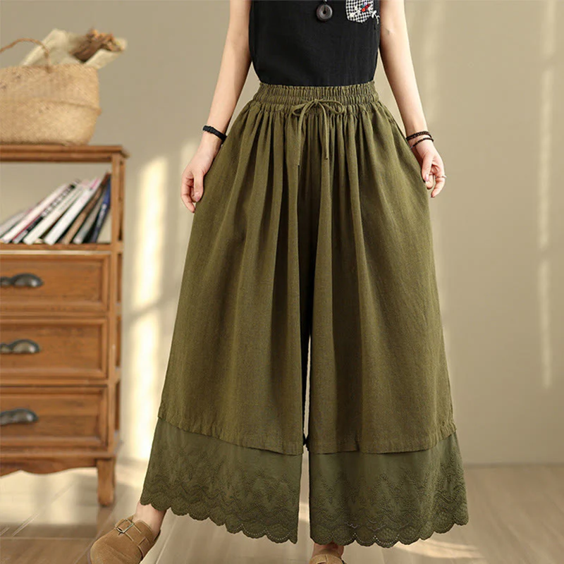Buddha Stones Spring Embroidery Lace Hem Patchwork Drawstring Design Women's Wide Leg Cotton Pants With Pockets