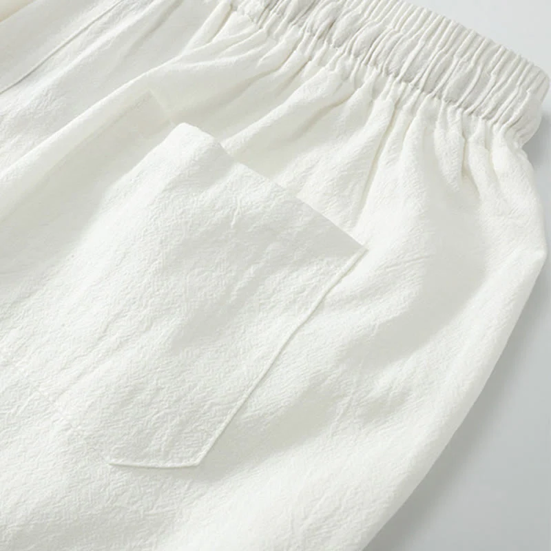 Buddha Stones 2Pcs Summer V-Neck Cotton Shirt Pants With Pockets Men's Meditation Cloth Set