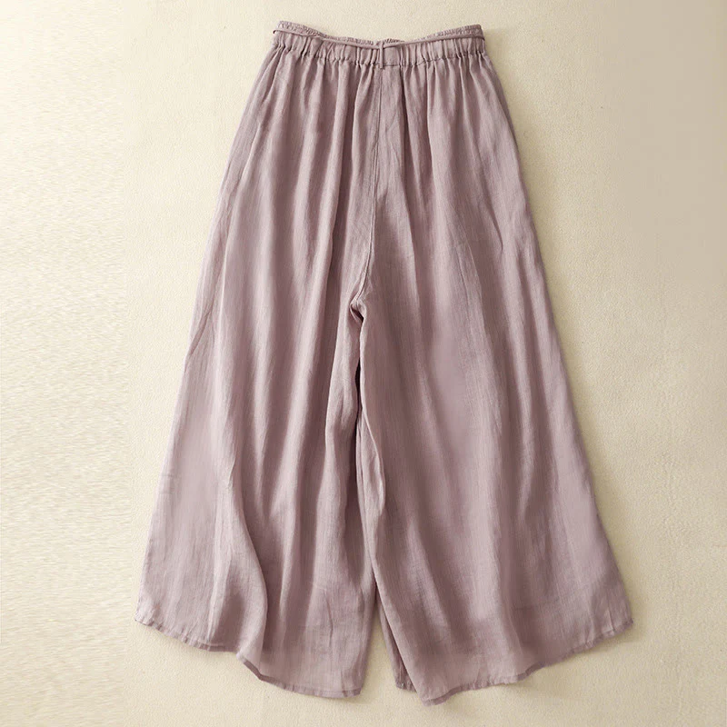 Buddha Stones Simple Design Drawstring Linen Women's Wide Leg Pants With Pockets