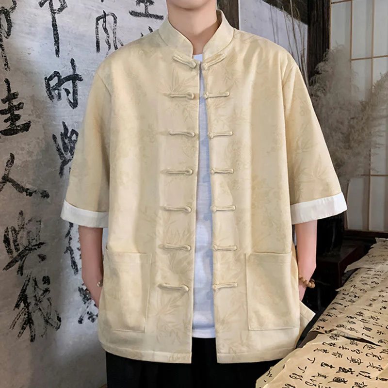 Buddha Stones Jacquard Bamboo Plum Bossom Pattern Chinese Frog-Button Design Men's Half Sleeve Cotton Shirt With Pockets