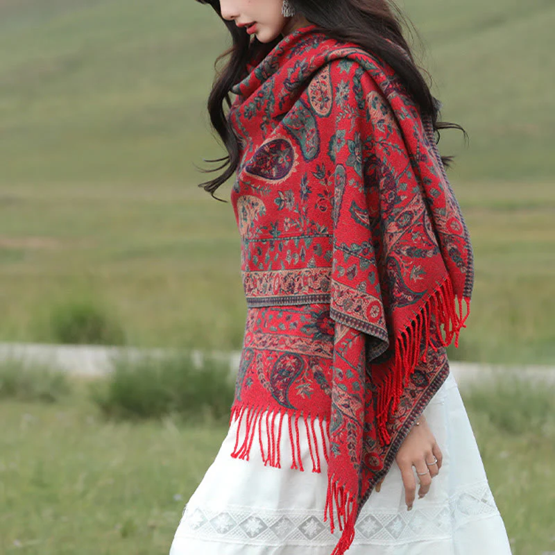 Buddha Stones Tibetan Cashew Flowers Leaves Vine Tassels Shawl Fall Winter Soft Cozy Scarf Wrap