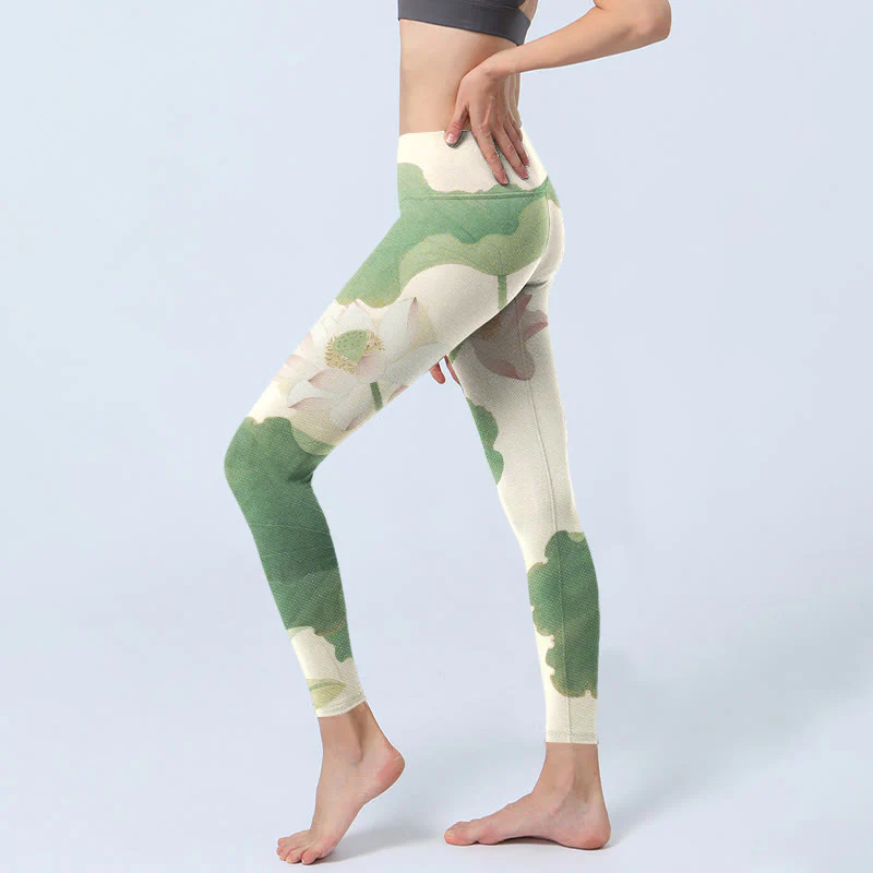 Buddha Stones Elegant Lotus Flower Leaves Pattern Print Gym Leggings Women's Yoga Pants