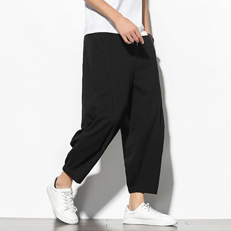 Buddha Stones Summer Men's 7-8 Length Cotton Linen Carrot Pants With Pockets