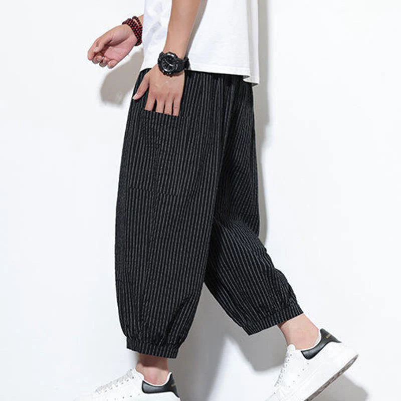 Buddha Stones Casual Striped Men's Cotton 7-8 Length Harem Pants With Pockets