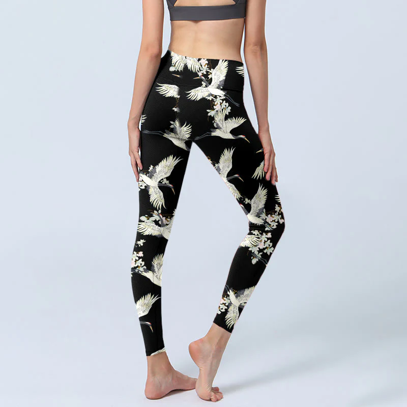 Buddha Stones White Cranes Blossoms Print Gym Leggings Women's Yoga Pants
