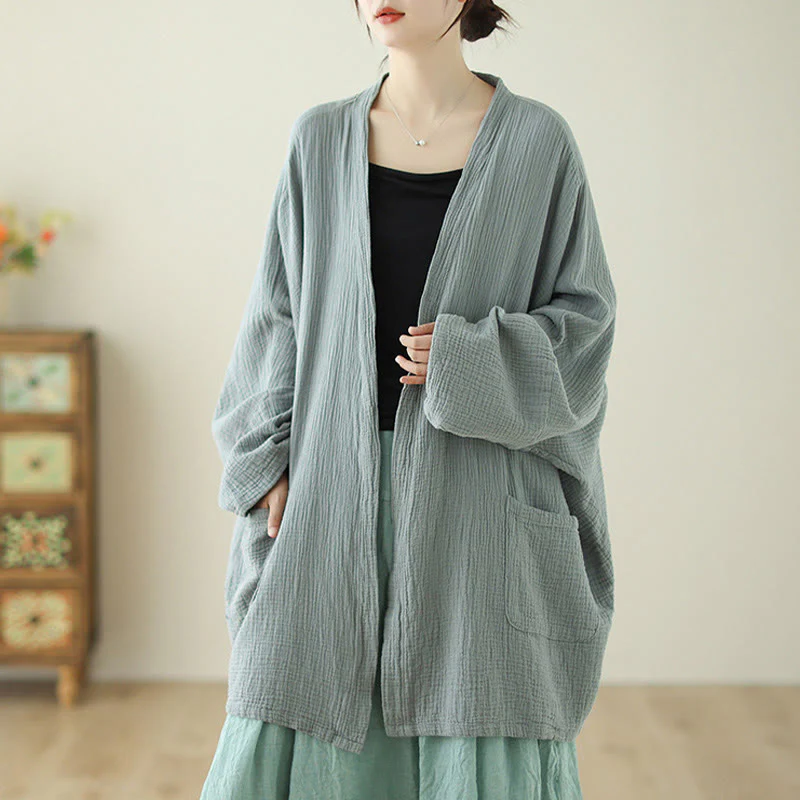 Buddha Stones Plain Long Sleeve Zen Meditation Cotton Linen Jacket With Pockets