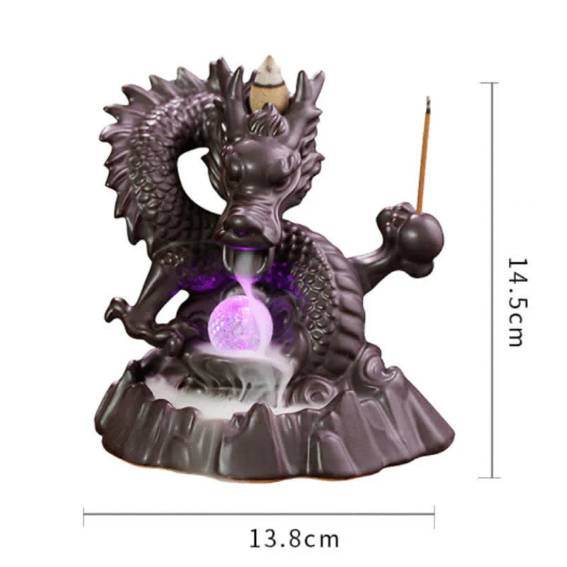 Buddha Stones Auspicious Dragon Ceramic Backflow Smoke Fountain Meditation Healing Incense Burner Led Ball Decoration