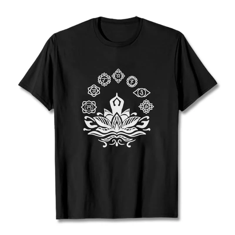 Buddha Stones Casual Meditating Figure Lotus Flower Seven Chakras Pattern Cotton Tee T-Shirt