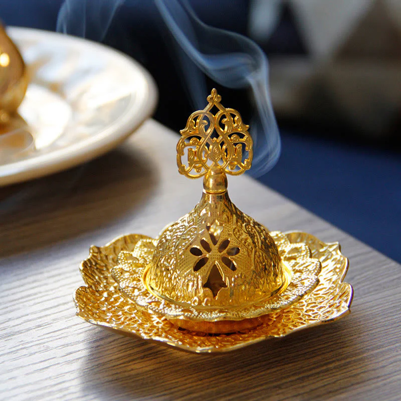 Buddha Stones Gold Leaf Coaster Spiritual Mini Alloy Metal Incense Burner