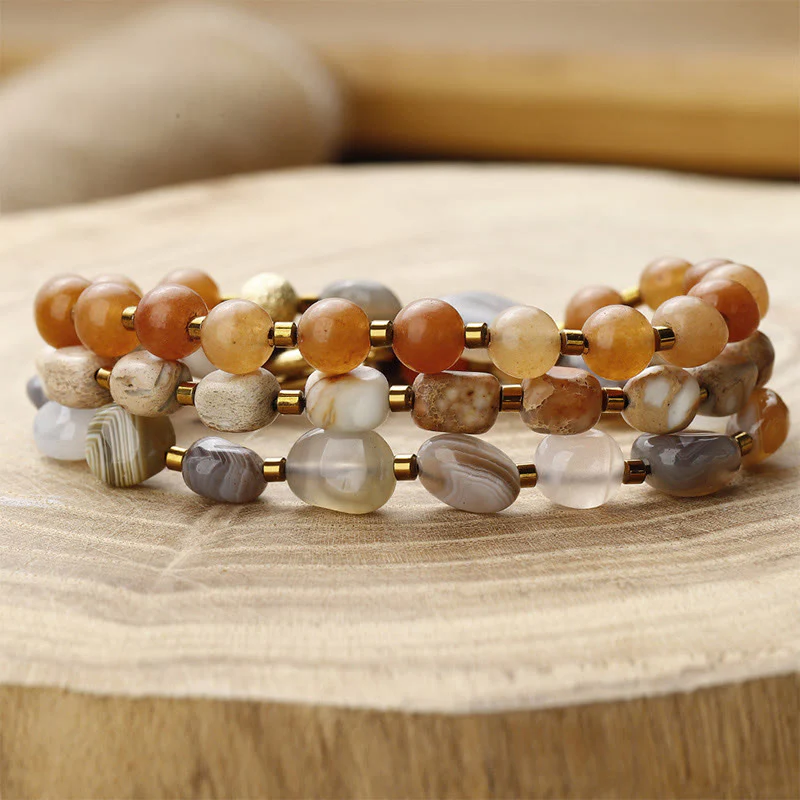 Buddha Stones Botswana Agate Red Agate Emperor Stone Creativity Triple Wrap Bracelet