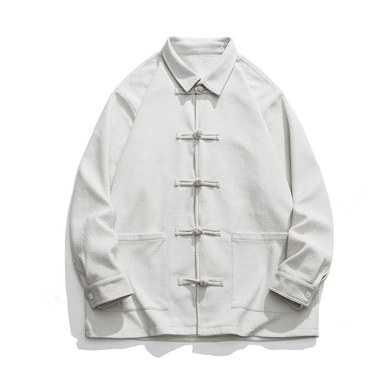 Buddha Stones Long Sleeve Frog-button Design Men's Polyester Jacket Shirt With Pockets