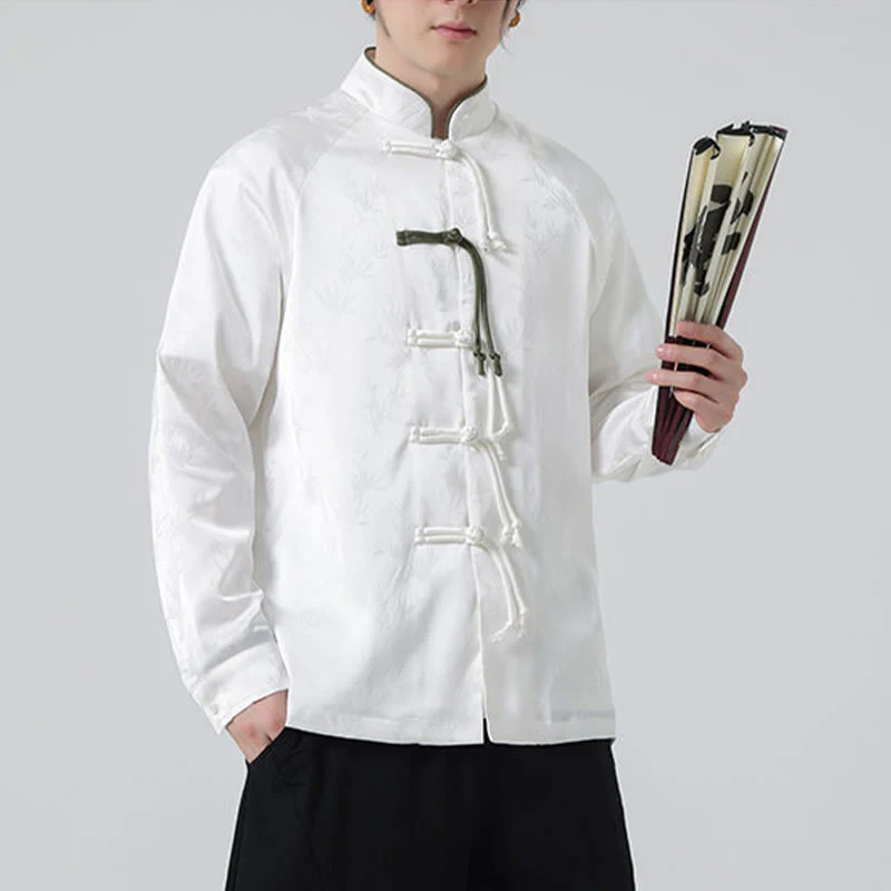 Buddha Stones Spring Jacquard Bamboo Leaves Pattern Chinese Frog-Button Design Men's Long Sleeve Shirt