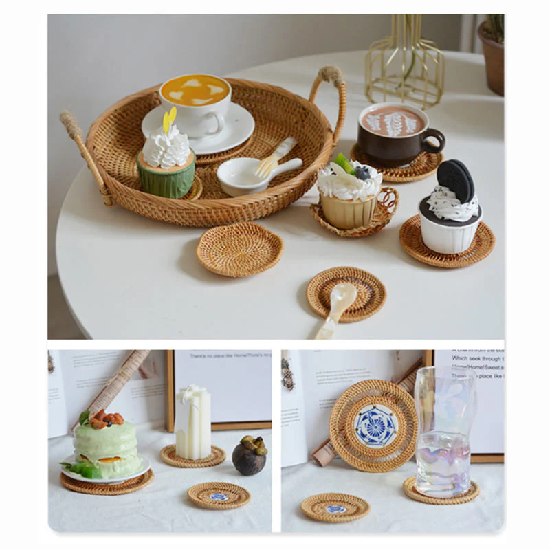 Buddha Stones Ceramic Flower Pattern Rattan Cup Mat Tea Cup Coaster