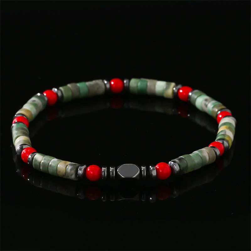 Buddha Stones Natural Green Stone Hematite Red Coral Powerful Bracelet