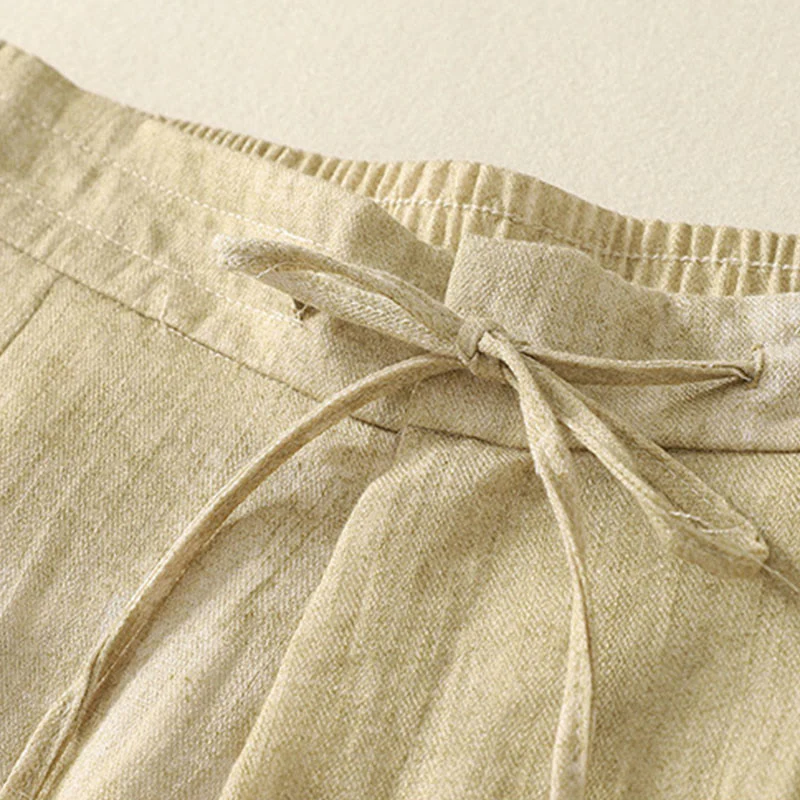 Buddha Stones Summer Plain Drawstring Zipper Design Women's Wide Leg Cotton Pants With Pockets