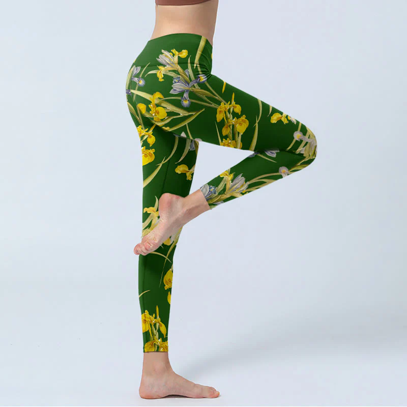 Buddha Stones Green Iris Pattern Print Gym Leggings Women's Yoga Pants